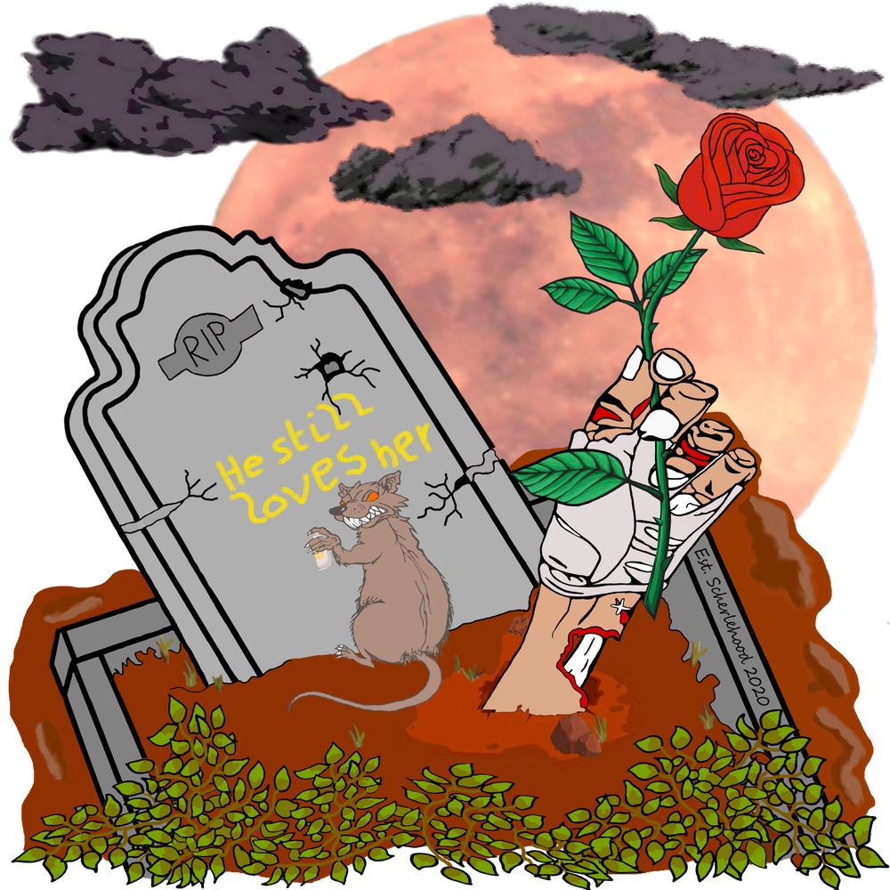 Hand aus Grab mit Rose